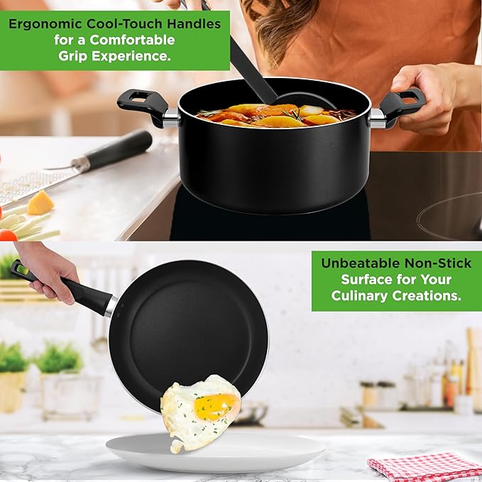 NutriChef 13-Piece Nonstick Cookware - Heat Resistant Kitchen Ware Set w/Saucepan Frying Pans Cooking Pots Casserole Lids Ladle Fork Strainer - NCCWA13 Black