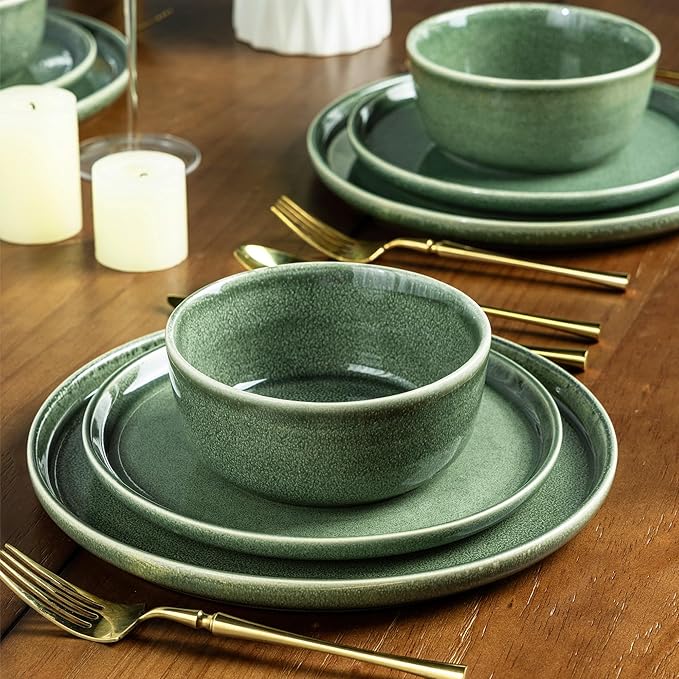 AmorArc Stoneware Dinnerware SetsRound Reactive Glaze Ceramic Plates and Bowls SetsHighly Scrath Resistant | Dishwasher &amp Microwave SafeService for 8 Dishes Set (24pc)