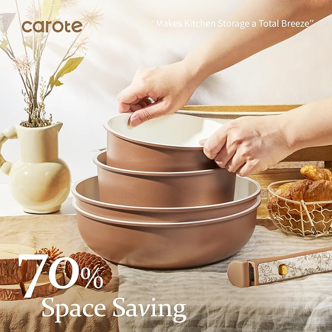 CAROTE 25-Piece Ceramic Cookware Set Nonstick Pots and Pans Set with Detachable Handle Non-Toxic Kitchen Cooking Set Dishwasher &amp Oven Safe Induction Compatible PFAS Free Chocolate