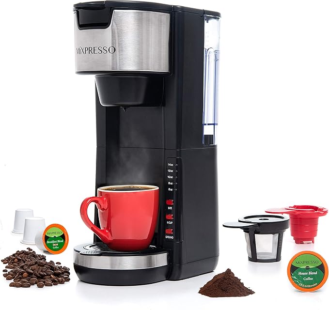 Mixpresso Black Single Serve Coffee Brewer K-Cup Pods Compatible &amp Ground 30 oz Compact Coffee Maker Single Serve With 5 Brew Sizes Up To 14 Oz Fits Travel Mug Adjustable Drip Tray