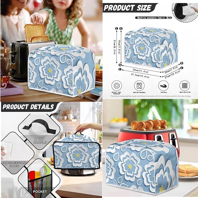 Blue Floral 2 Slice Toaster Cover Set Bread Toaster Blender and Slow Cooker Dust and Fingerprint Protection Machine Washable Kitchen Decor