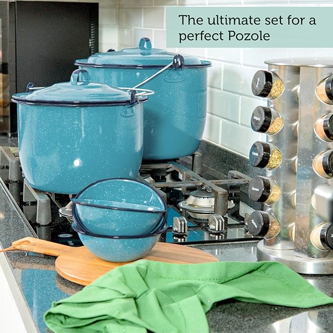 Cinsa 8-Piece Enameled Steel Stock Pots (14 &amp 8 QT) with Lids Turquoise Blue Cookware Set