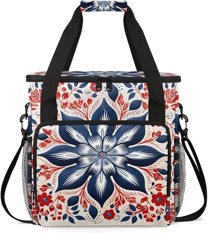 Flowers Floral Design Coffee Maker Travel Bag for Keurig K-Mini/K-Mini Plus Insulated Waterproof Tote with Pockets for K-Cup Portable Single-Serve Brewer Case