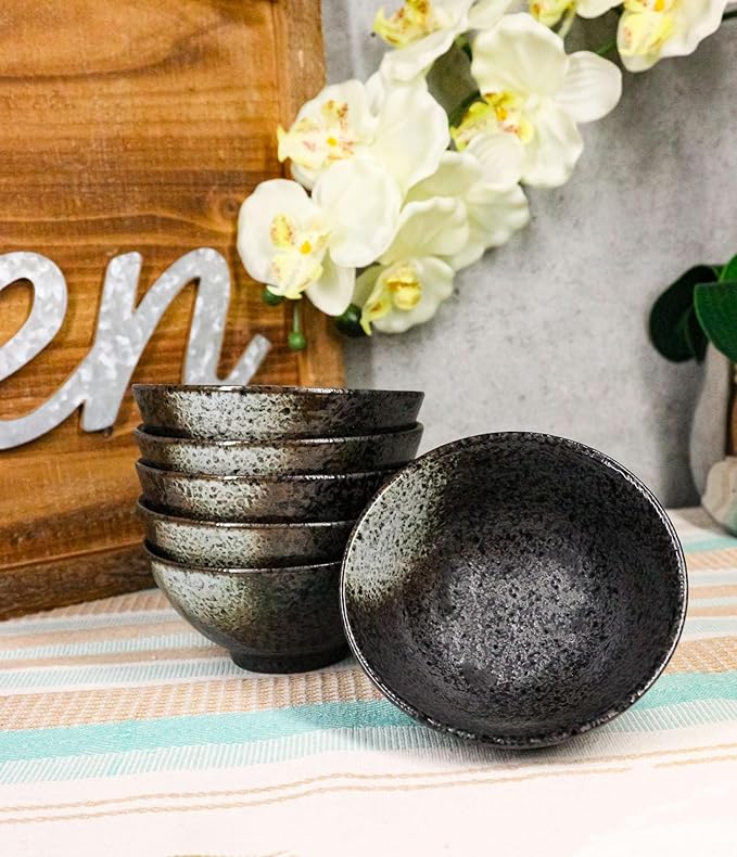 Ebros Gift Artistic Charcoal Grey Tone Hakumu Porcelain Collection Dinnerware Serveware Kitchenware Set Asian Japanese Restaurant Supply (Pack Of 6 Small Rice Soup Appetizer Bowls 10oz)