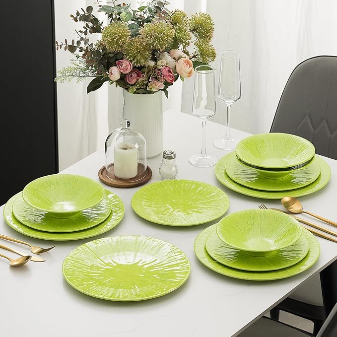 MissYIP 12 Pcs Melamine Dinnerware Set - Unbreakable Melamine Dish Set Setervice for 4Dishwasher Safe Melamine Plates and Bowls - Ideals for Party CampingIndoor and Outdoor Use(Light Green)