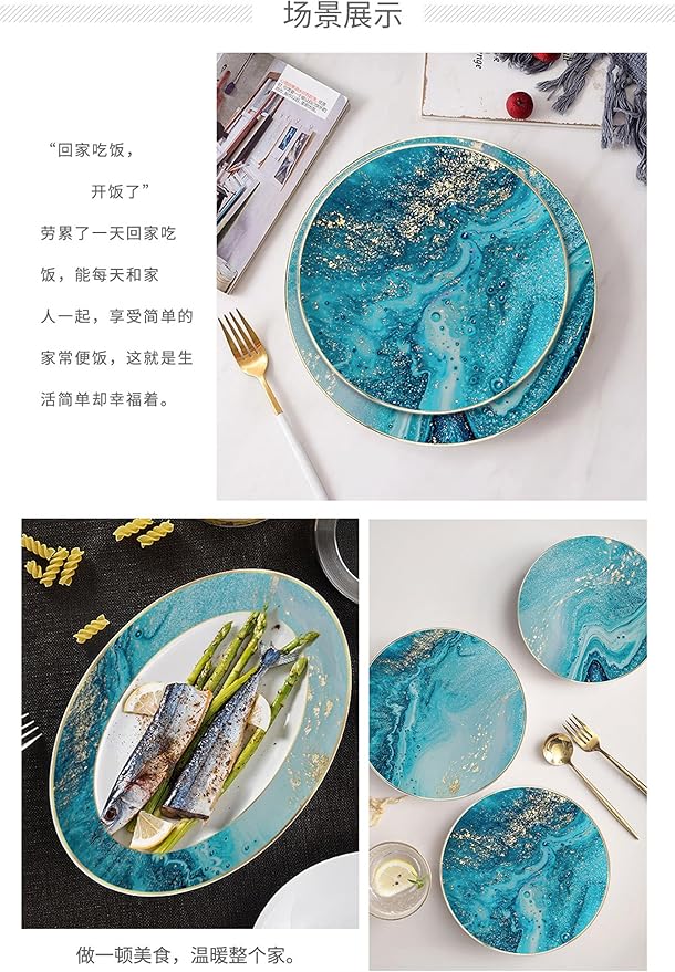 Romantic countryside Bone China Dinnerware Sets Service for 6Delicate afternoon tea Dinnerware SetSteak Dinner Plates Dish Set Includes coffee cupBlue Ocean