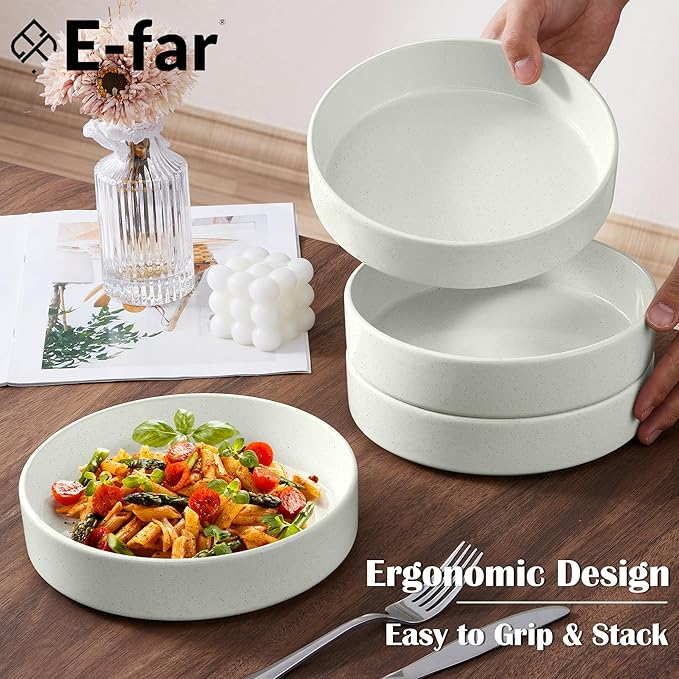E-far Stoneware Dinnerware Sets with Pasta Bowls Set of 4 Bundle 12PCS Plates and Bowls Dish 35oz Ceramic Large Salad Bowl Plates for Serving Soup Dinner Microwave &amp Dishwasher Safe Speckled W