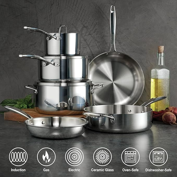 Tramontina Signature Tri-Ply Clad Stainless Steel 9-Piece Cookware Set with Lids Pots and Pans Kitchen Set Induction-Ready Dishwasher-Safe NSF-Certified