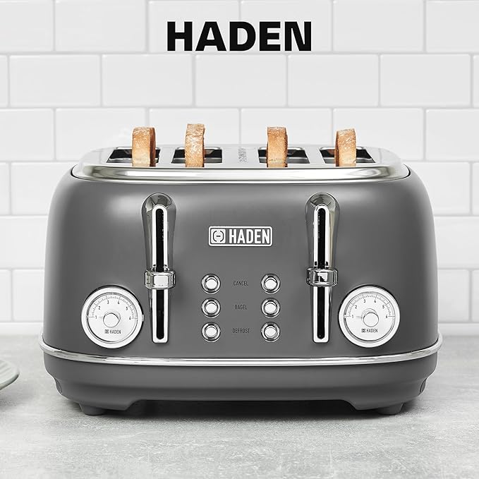 Haden Chelsea 4-Slice Wide Slot Stainless Steel Toaster with Adjustable Browning Control &amp Non-Slip Feet Grey &amp Chrome