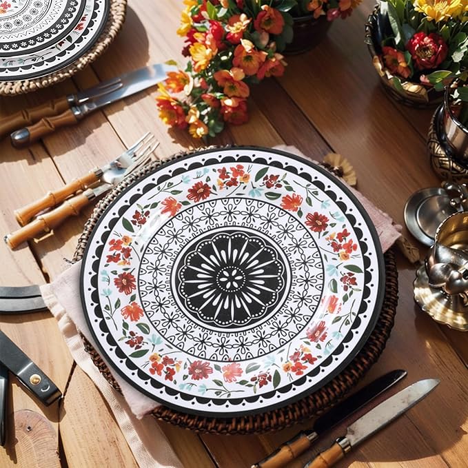 12-Piece Melamine Dinnerware Sets Unbreakable Dinner Dishes Set for Indoor and Outdoor Use Dishwasher Safe Lightweight Dinner Service for 4 Black and White