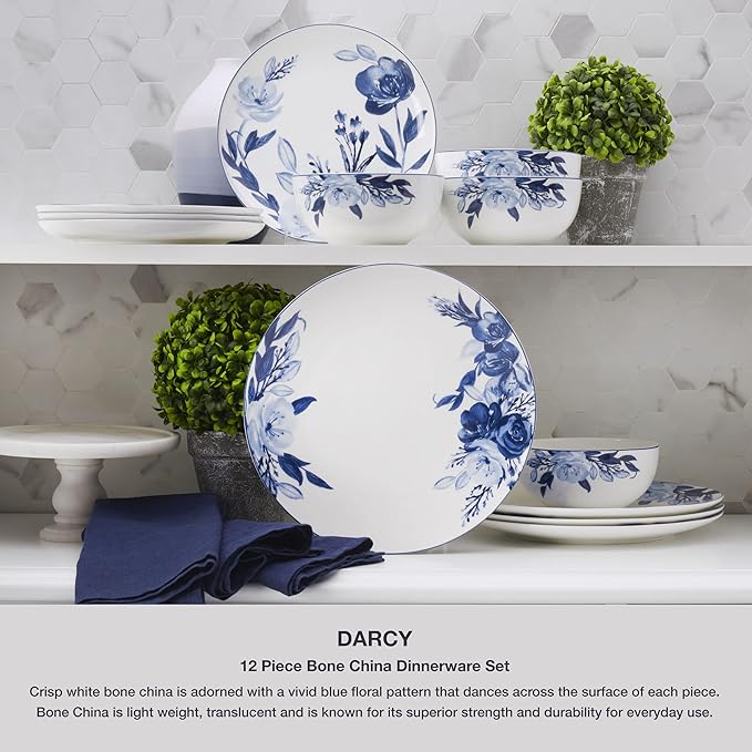 Mikasa Darcy Bone China Lightweight Chip Resistant 12 Piece Dinnerware Set Service for 4Blue and White