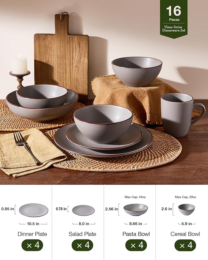 Famiware Venus Speckled Dinnerware Set with Pasta Bowls for 4 (16 Pieces) Stoneware Plates and Double Bowls Matte Dark Gray - Microwave &amp Dishwasher Safe Dishes with Trim for Everyday &amp Form