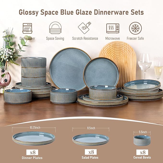 GBHOME 24-Piece Stoneware Dinnerware Set for 8 – Ribbed Ceramic Plates and Bowls Scratch-Resistant Microwave &amp Dishwasher Safe Reactive Glaze Deep Ocean