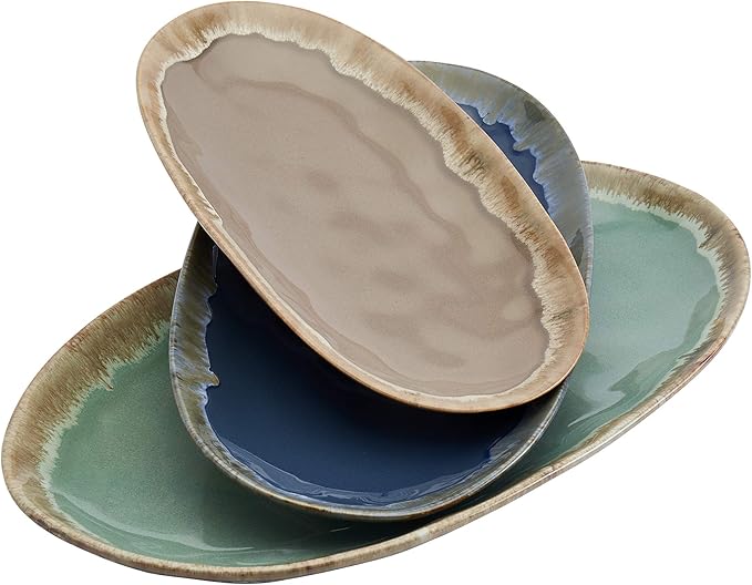 Tabletops Gallery Tuscan Reactive Glaze Stoneware- Platter Serving Bowl Mixing Bowl Mug Tuscan 3 Piece Oval Serving Platter Set (Blue Green and Brown)