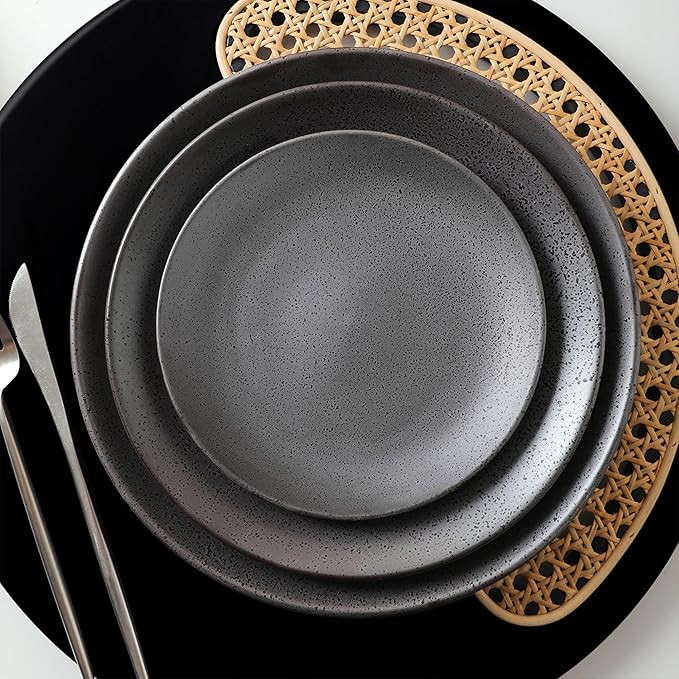Stone Lain Valencia Porcelain 32-Piece Round Dinnerware Set Plates and Bowls Set Dish Set for 8 Metallic Grey