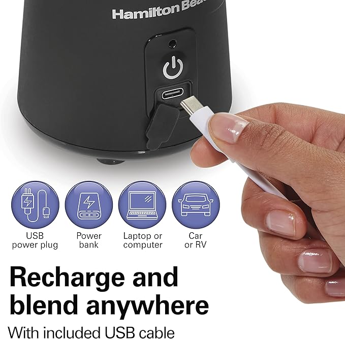 Hamilton Beach Mini Cordless Portable Personal Blender for Shakes and Smoothies USB Rechargeable 16 oz. Jar with Leakproof Travel Lid 6 Stainless Steel Blades Black (51180)