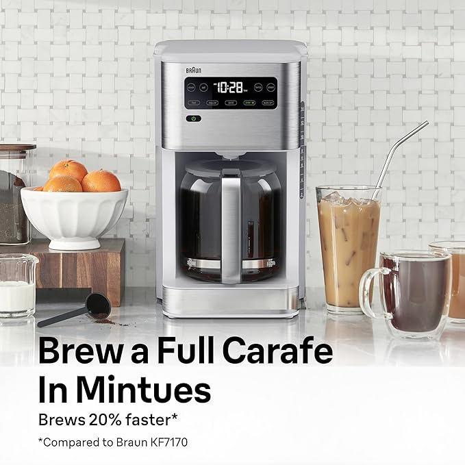Braun PureFlavor 14‑Cup Programmable Coffee Maker – Fast Brew Speed Touch Display Bold &amp Brew‑Over‑Ice Modes FlavorCarafe &amp Adjustable Warm Plate White