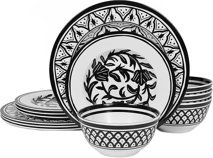 Melamine Dinnerware Sets-12pcs Melamine Plates and Bowls Set Unbreakable Dishwasher Safe Indoor Outdoor Use Ideals for Parties Camping Dish Set Black and White Pattern