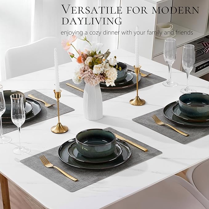 Vesteel Dinnerware Sets for 4 12-Piece Stoneware Dish and Bowls Set Handmade Reactive Glaze Coupe Plates Set for Family Chip &amp Scratch Resistant - Sage Green