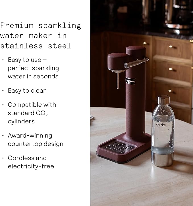 Aarke Carbonator lll Sparkling &amp Carbonation Water Machine Stainless Steel with PET BPA-Free Reusable Bottle Volume 1L/34 fl oz (Burgundy)