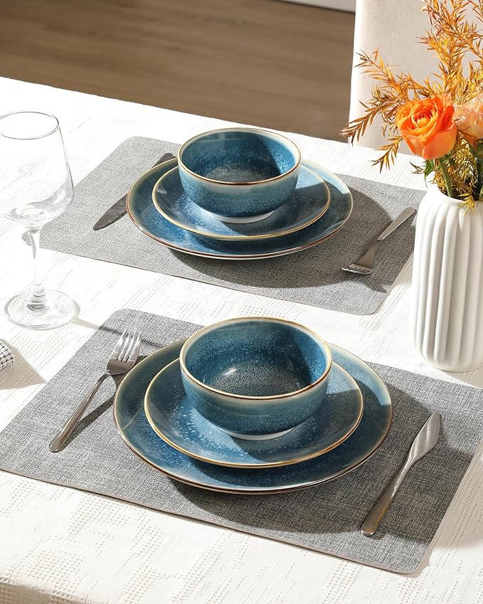 Sweejar Dinnerware Sets Service for 4 12 pcs Porcelain Plates and Bowls for Kitchen Housewaring Gift Chip and Scratch Resistant Dish Set Handmade Dishwasher and Microwave Safe Plate Set Blue