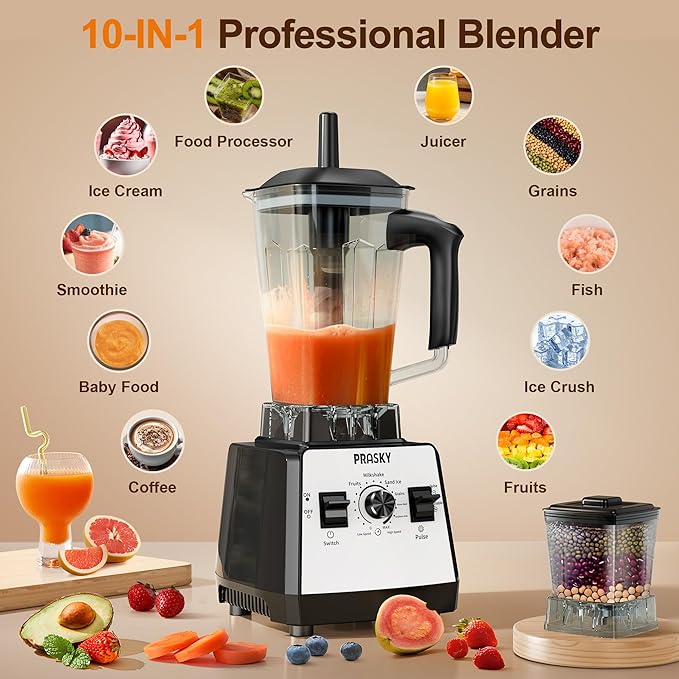 Blenders for Kitchen Smoothie Blender 2400W/1000W Prasky Blender &amp Grinder Combo 25000 RPM High Speed 68oz BPA-Free Food Processor Countertop Blender for Smoothies Shakes &amp Food (White