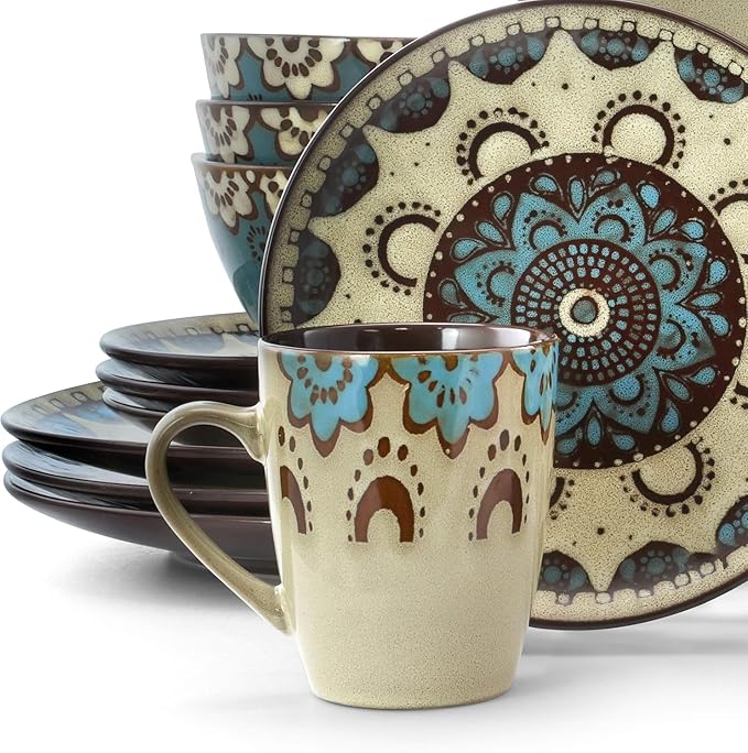Round Stoneware Dinnerware Set - 16 Piece Tan &amp Blue Clay Heart Design Service for 4 Microwave &amp Dishwasher Safe