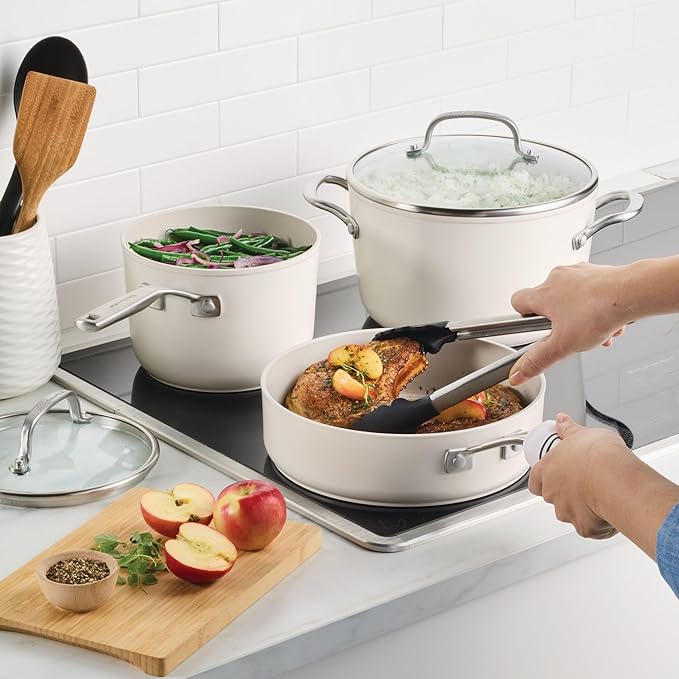 KitchenAid Hard Anodized Ceramic Induction Pots and Pans Dishwasher Safe Includes Saucepans Stockpot Sauté Pan Frying Pans/Skillets and Lids 10 Piece Cookware Set - Porcelain White