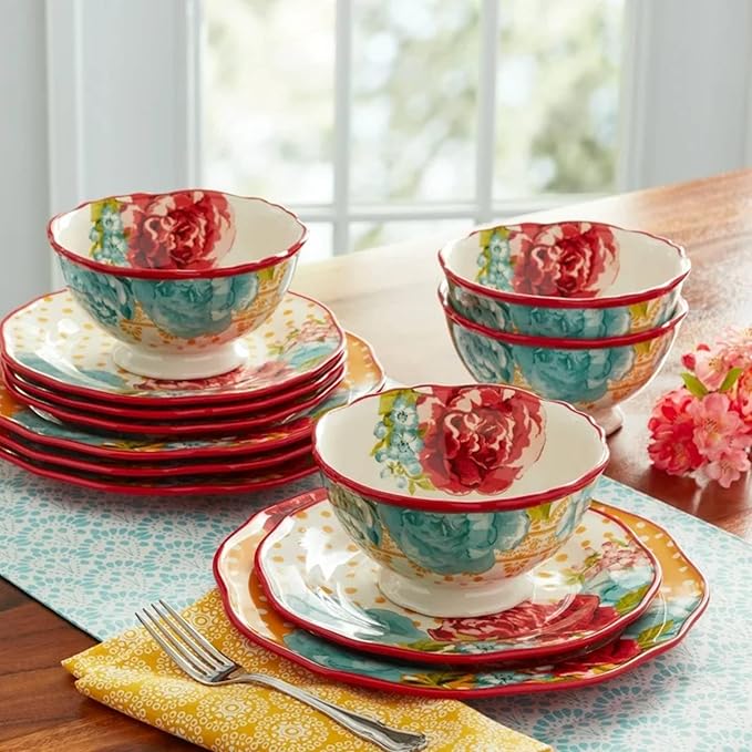 12-Piece Ceramic Dinnerware Set with Floral Pattern Microwave and Dishwasher Safe Service for 4