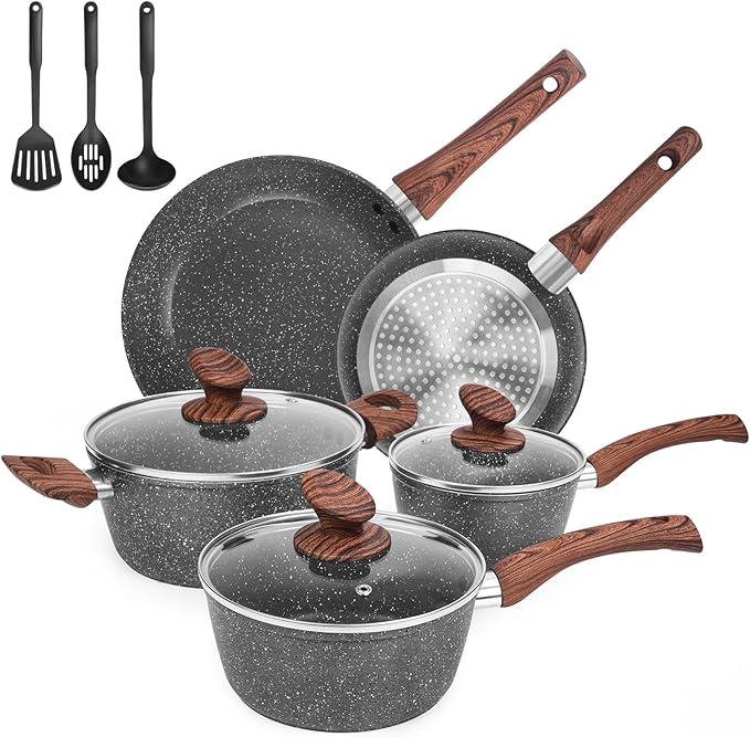 Granite Pots and Pans Set Non Stick 11 Piece Die-Cast Induction Cookware Set Nonstick Kitchen Cooking Set w/Frying Pans &amp Saucepans PFOA Free