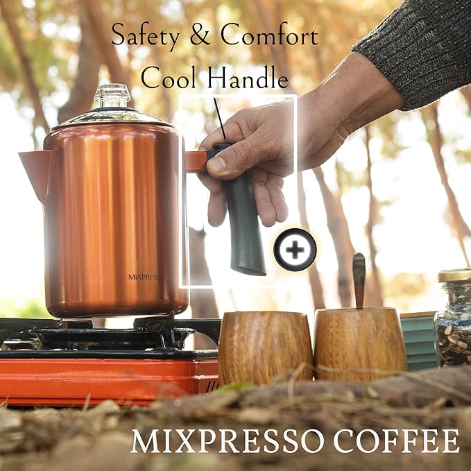 Mixpresso Copper Stainless Steel Coffee Percolator Stovetop 37oz Classic Percolator Coffee Pot Great For Camping Pot 5-8 Cup Stove Top Espresso Maker Cool-Touch Handle
