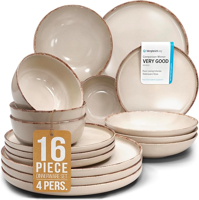 Earthenware dinnerware set 4 persons Rustic 16 pcs - Rustic design dinnerware set dishwasher safe - Bowl and plate set - Pure Living dinnerware in beige…