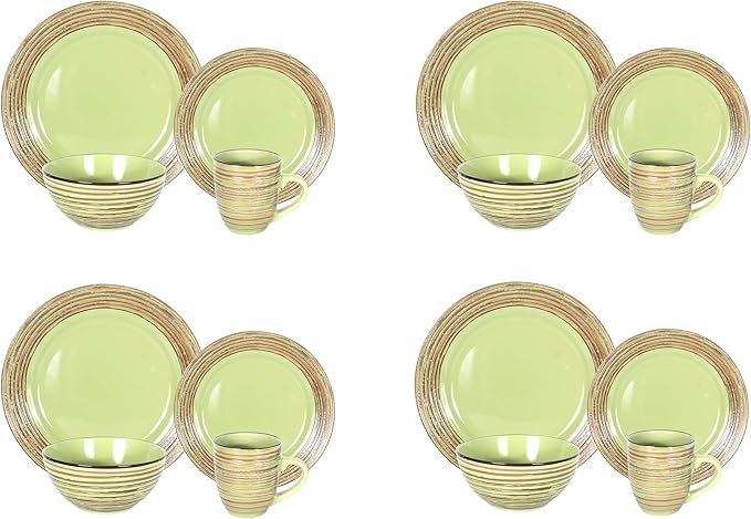 16 Piece Dinnerware Set Ceramic Plates and Bowls Sets for 4 Microwave and Dishwasher Safe Handcrafted Tree Bark Series Dish Set Oak Forest/Dark Green