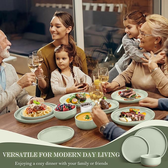 Vesteel 12-Piece Dinnerware set Ceramic Plates and Bowls set for 4 Speckled Stoneware Dishes Set for Family Microwave &amp Dishwasher Safe - Light Green