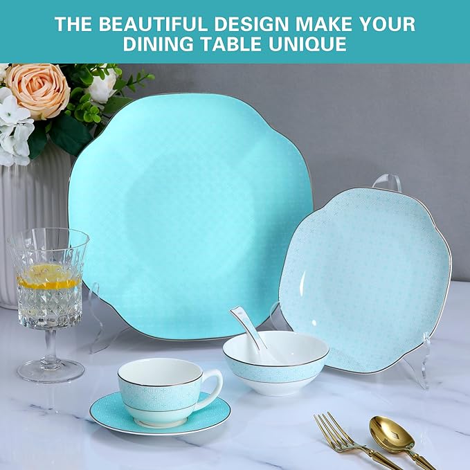 Ceramic Dinnerware Sets for 4 24 Pieces Bone China Plates and Bowls Set with Silver GridScratch Resistant Stoneware Dishes Set with MugsDishwasher &amp Oven Light Blue