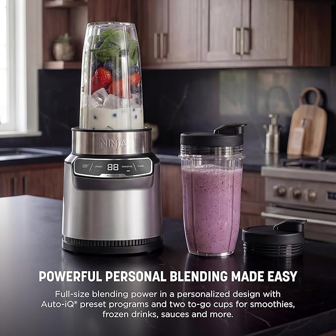 Ninja | Blender | Nutri Pro | Single Serve | For Smoothies Salsa Shakes and Frozen Drinks | Includes 2 Smoothie Cups &amp Lids | Crushes Ice Fruit &amp Veggies |Silver | BN401
