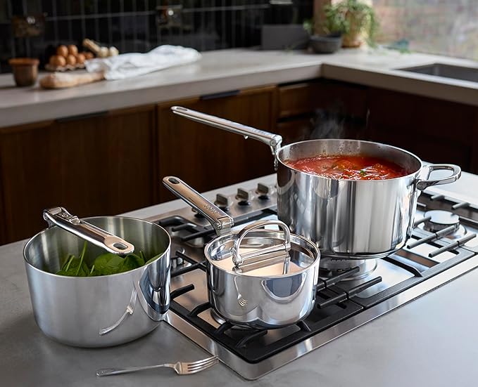 Joseph Joseph Space Steel 6-Piece Stainless Steel Sauce Pan Set with Lids Nesting with Folding Handles Induction &amp Oven Safe