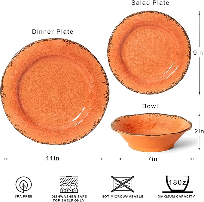 LEHAHA 12 Piece Crackle Lightweight Melamine Dinnerware Set-Service for 4 break-resistant and Durable Rustic Plates and Bowls Dishware Sets Perfect for Patio and Outdoor Activities