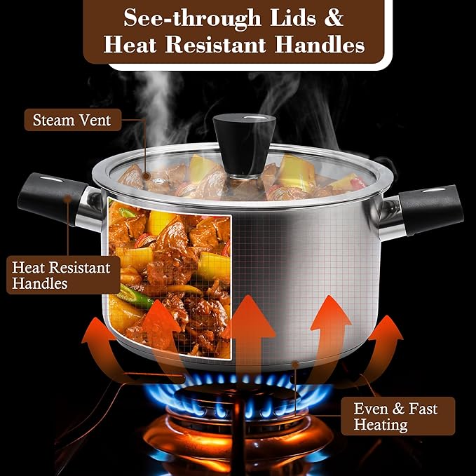 6-Piece Stainless Steel Pots and Pans Set Kitchen Cookware Set with Stay-Cool Handles Compatible with Gas Electric &amp Induction Dishwasher Safe Non-Toxic &amp Durable for Everyday Cooking