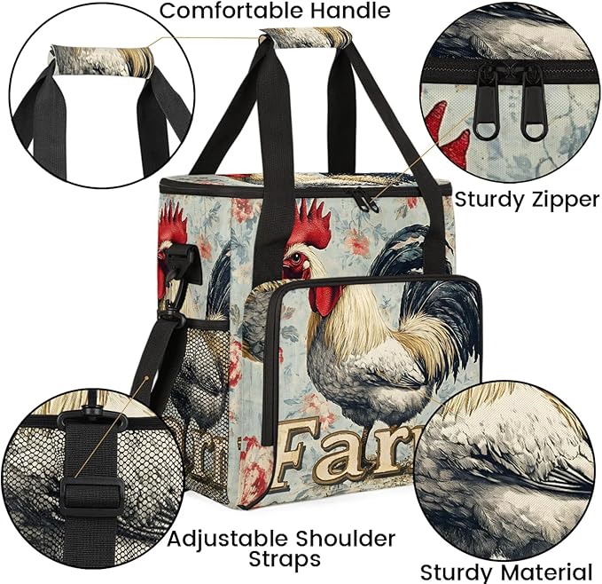 Roosters And Chickens Coffee Maker Travel Bag Flower Insulated Grocery Bag Travel Picnic Leakproof Cooler Bags With Shoulder Strap