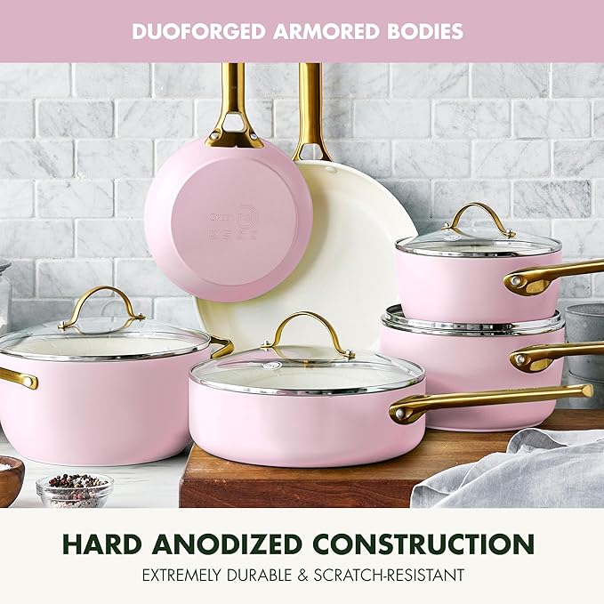 GreenPan Hard Anodized Healthy Ceramic Nonstick 10 Piece Cookware Pots and Pans Set Gold Handle PFAS-Free Dishwasher Safe Oven Safe Blush Pink