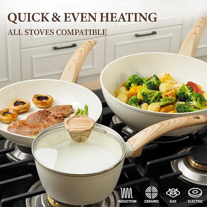 26Pcs Pots and Pans Nonstick Ceramic Cookware Set Nontoxic Kitchen Cooking Set with Steamers Utensils Induction Compatible PFAS/PFOA Free Oven and Dishwasher Safe Cream White