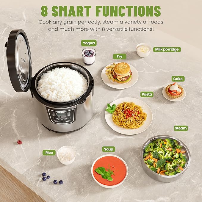 20 Cup Cooked (10 cup uncooked) Rice Cooker with 8 Functions Healthy Cooking Stainless Steel Pot &amp Steamer Removable Inner Cover Silver