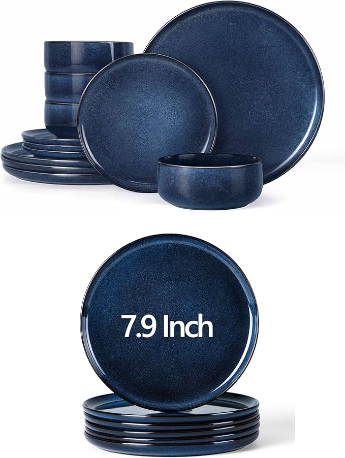Herogo 12 Pieces Stoneware Dinnerware Sets with 7.9 Inch Porcelain Dessert Plates Set of 6 Starry Blue