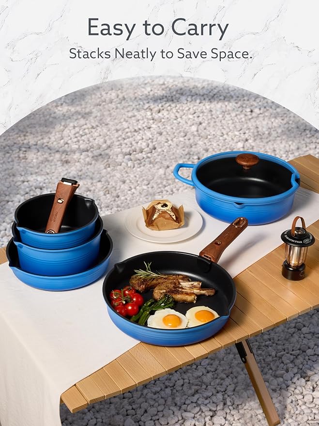 CAROTE 20Pcs Titanium Cookware Set Pots and Pans Set Non Stick Kitchen Cooking Set with Detachable Handle Non Toxic Induction Cookware - Camping Cookware Dishwasher/Oven Safe Blue