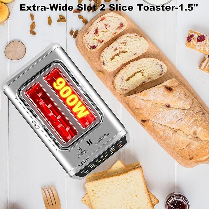 Touch Screen Toaster 2 Slice Bagel Toasters with LCD Display Stainless Steel Smart Digital Toasters with Single Slot ToastingExtra Wide Slots Toaster with Memory/Bagel/Defrost/Reheat Functions