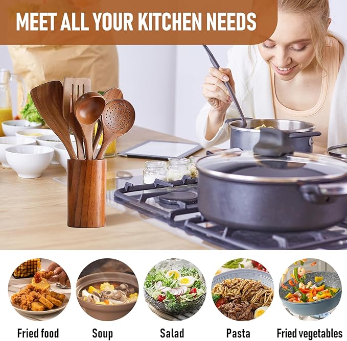 6 PCS Wooden Cooking Utensils Set Wooden Spoons for Cooking with Utensils Holder Comfort Grip Ideal for Nonstick Cookware