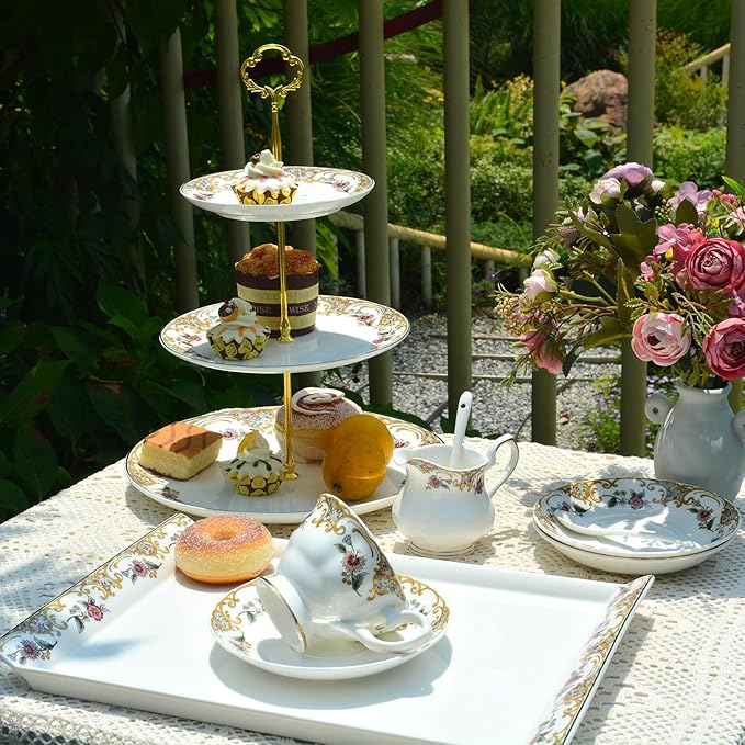 ACMLIFE Bone China Dinnerware Set and 3-Tier Serving Stand Porcelain Cupcake Stand 3-Tier Tray Stand