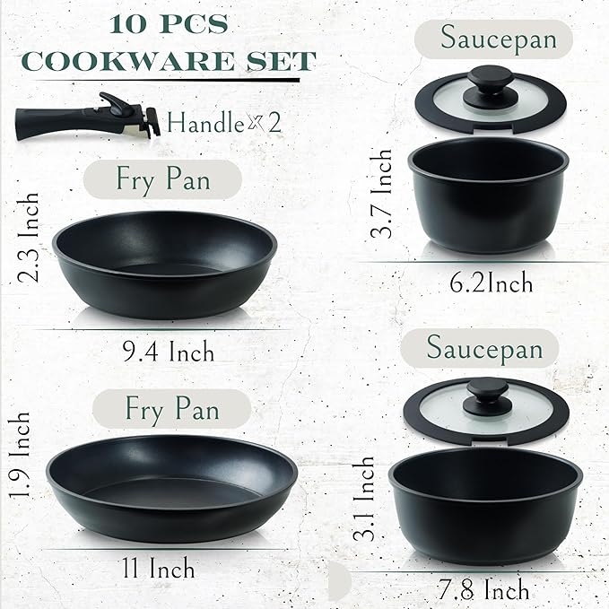Moss &amp Stone 10pcs Black Pots and Pans Set Non Stick Cookware Sets Detachable Handle RV Kitchen Set Removable Handle Oven Safe Induction Ready Stackable Non-stick Set Camping Cookware Set