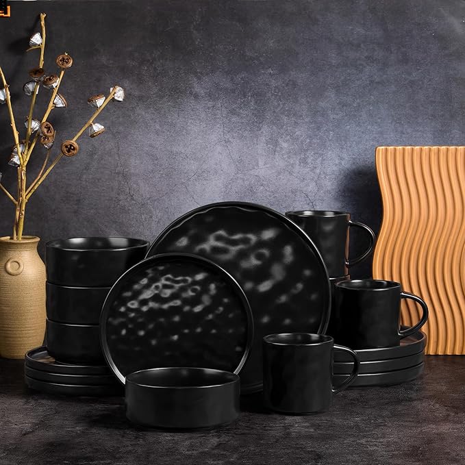 Vesteel 16-Piece Dinnerware Sets Stoneware Dish and Bowls Set for 4 Handmade Reactive Glaze Coupe Plates Set Chip &amp Scratch Resistant - Matte Black
